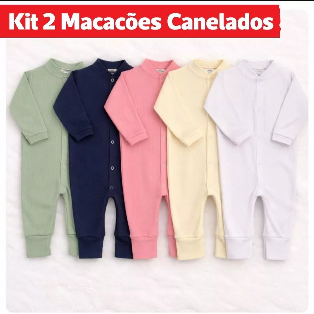 Macacão Canelado Bebê Kit 2 peças Enxoval RN Macio Toque Suave Menina Menino Cores Sortidas