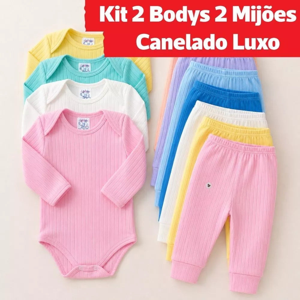 Conjunto 2 Bodys 2 Mijões Suedine Canelado Bebê Menino Menina RN Luxo Macio Toque Suave
