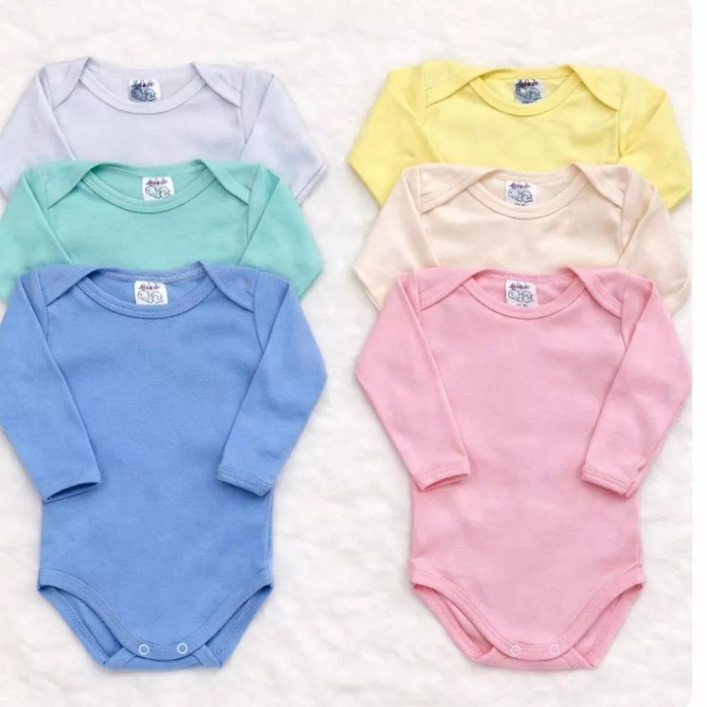 Kit 5 Body Manga Longa Bebê Malha Algodão Menino Menina Enxoval RN Tecido Macio cores sortidas